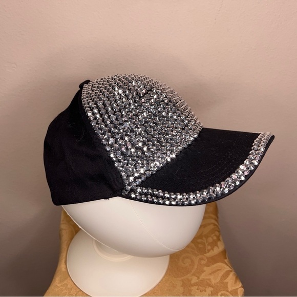 BLACK STUDDED SPARKLE WOMENS HAT BIKER GOTH PUNK SILVER - Picture 6 of 10